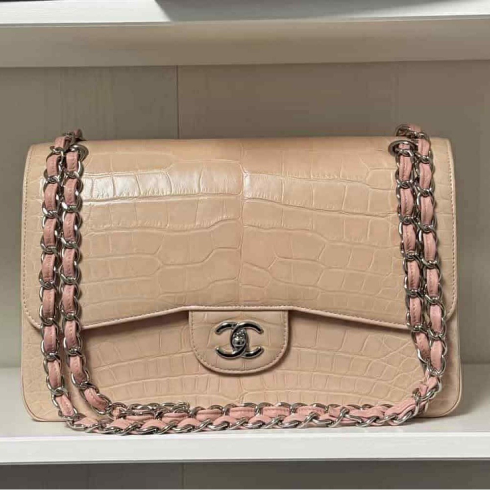 CHANEL Cream alligator double flap jumbo bag